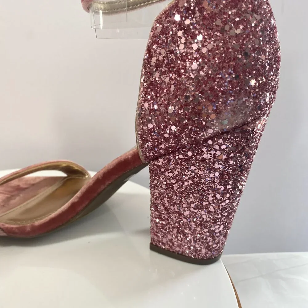 Guess Glitter Party Wrap BamBam Velvet Ankle Strap Block Heel Sandals 8.5 Pink‎